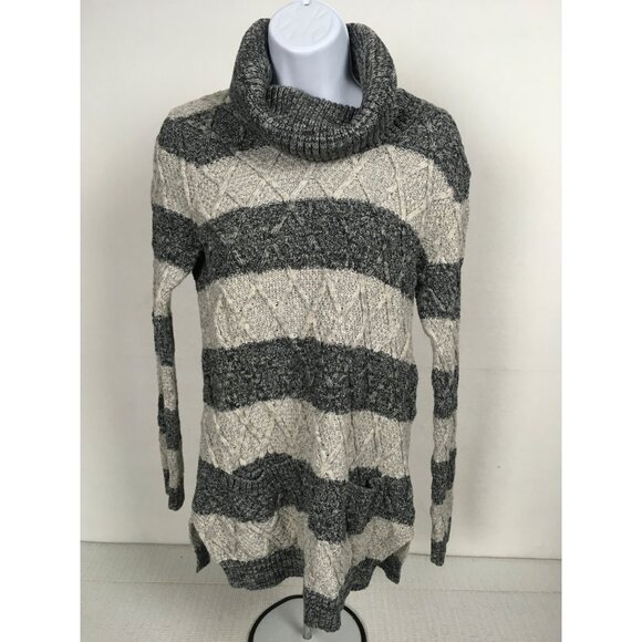 JEANNE PIERRE Sweaters - Jeanne Pierre Womens Sweater Size L Gray Off White Stripe Pockets Mock Neckline